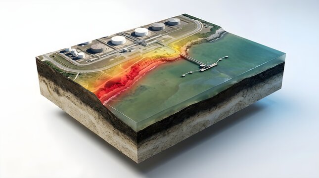 3D GIS Visualization of Industrial Coastal Area with Environmental Heat Map and Geographic Terrain Analysis