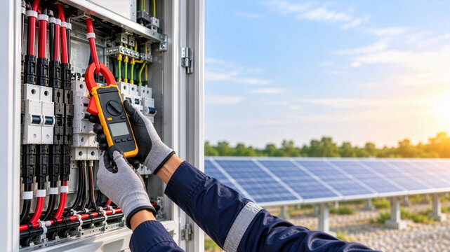 Electrician testing electrical panel generator with clamp meter at solar power installation