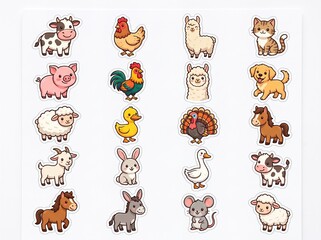 Fototapeta premium Cute Farm Animals Sticker Set Cartoon Icons