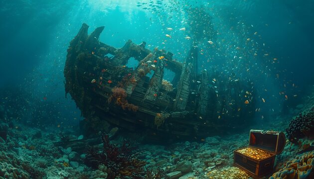 Ancient Sunken Pirate Ship and Treasure Chest