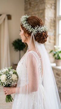 Woman bride with gypsophila flower crown holding white rose bouquet. Elegant bridal hairstyle with veil and pearls in rustic wedding venue.