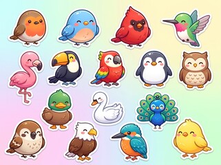 Fototapeta premium Colorful Tropical Birds Sticker Set Cute Icons