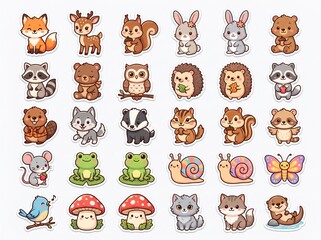Fototapeta premium Cute Forest Animals Sticker Set Cartoon Icons