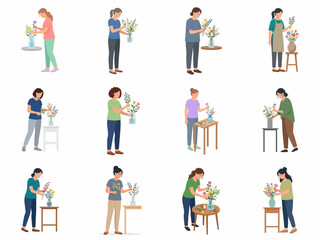 Fototapeta premium Set of diverse women florists arranging beautiful flower bouquets in vases isolated on white background flat vector illustration.