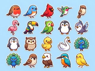Fototapeta premium Cute Birds Sticker Set Cartoon Icons