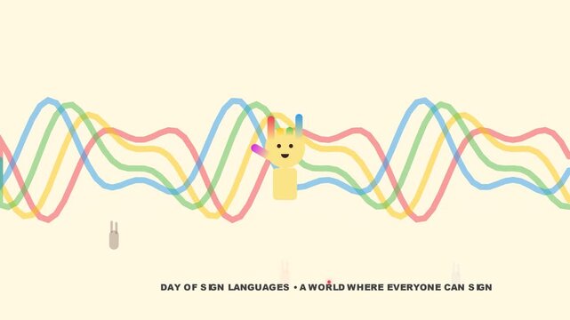 Sign Language Illustration with Stylized Character and Sound Waves