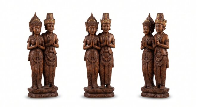 Set of three angles of a traditional Indonesian wooden carved couple statue in a welcoming greeting pose, isolated on a white background.