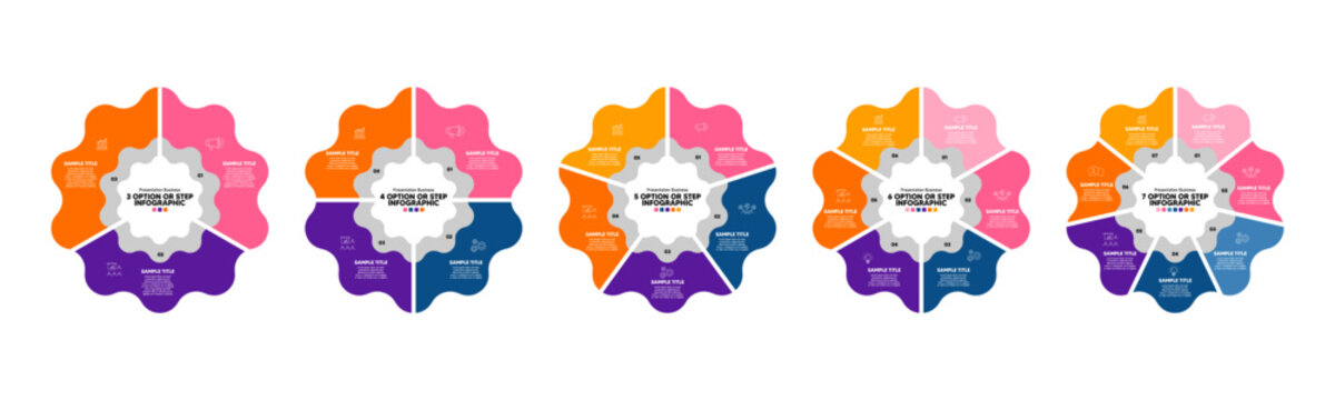 Infographic Venn diagram set featuring 3, 4, 5, 6, and 7 options, steps, or parts. suitable for visual presentation templates and business reports.