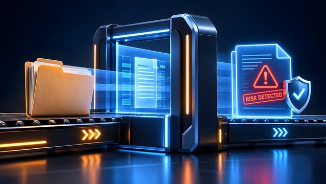 Folder entering digital scanner detecting cyber risk with glowing warning interface and security shield