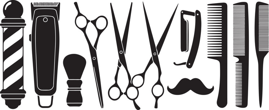 Barber shop equipment collection with shaving pole clipper scissors razor comb and mustache for male grooming salon service brands.