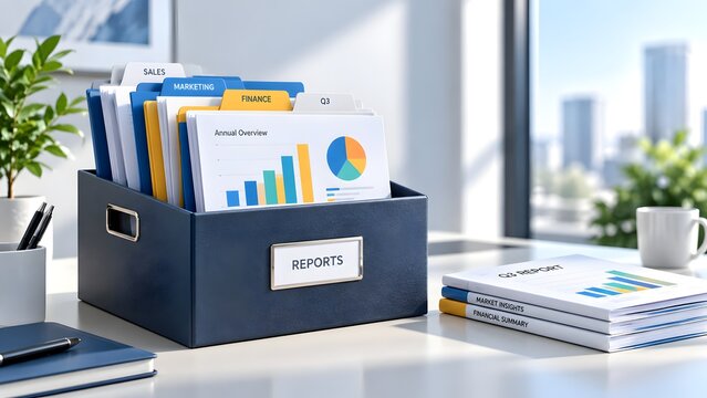 Organized file box containing financial reports and business folders on bright modern office desk representing corporate management