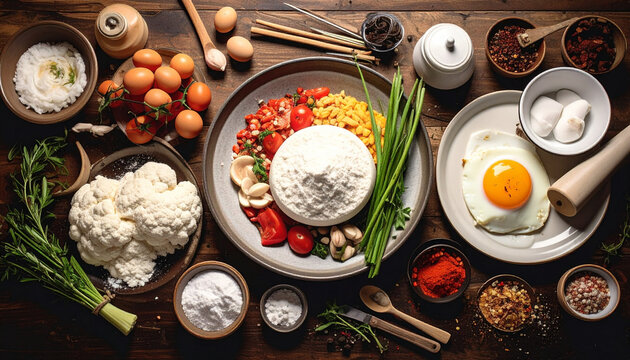 Cooking ingredients and raw food on rustic wooden table background