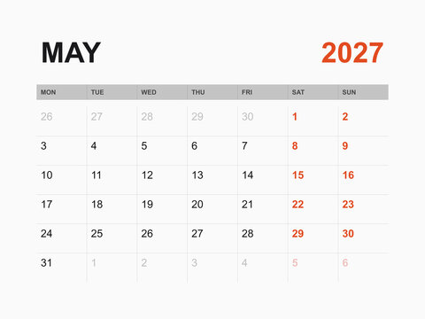 Calendar for May 2027 on white background