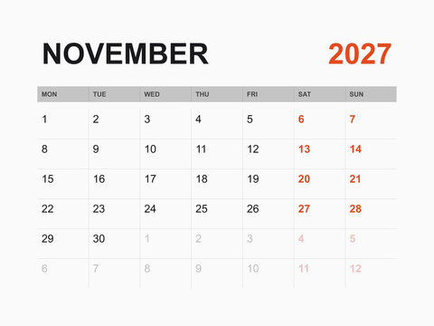 Calendar for November 2027 on white background