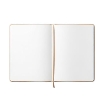 Open blank notebook with leather cover and bookmark ribbon isolated on transparent background