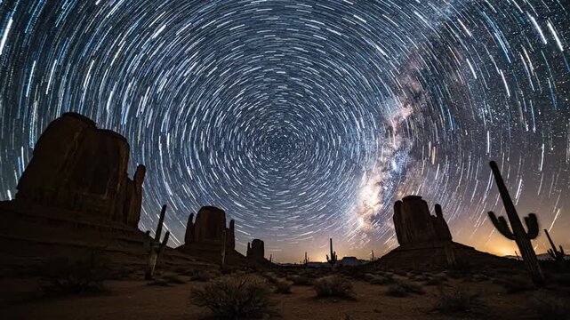 Swirling Star Trails Over Monument Valley Desert Landscape During a Clear Night Sky