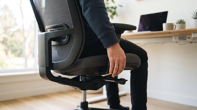 Close-up of a person's hand making an ergonomic adjustment to a modern office chair, optimizing comfort and support in a professional work environment