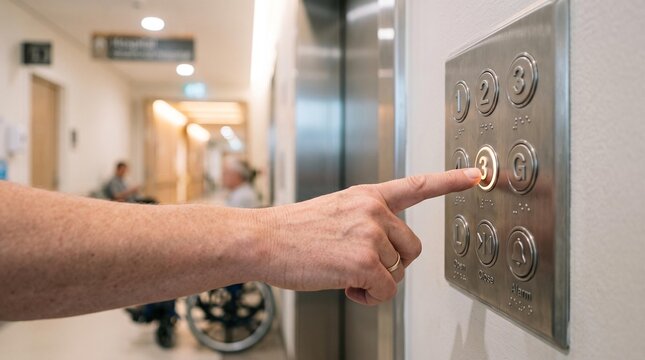 Close-up of a person's hand pressing an illuminated button on an elevator control panel in a modern building hallway, indicating a floor selection for upward or downward travel