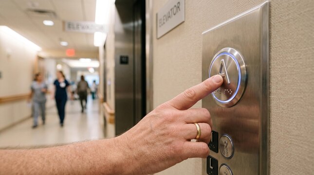 A person's hand presses an illuminated elevator button in a hospital corridor, with medical staff blurred in the background, illustrating access and movement in a healthcare facility