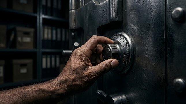 Person turning combination dial on a heavy metal vault door