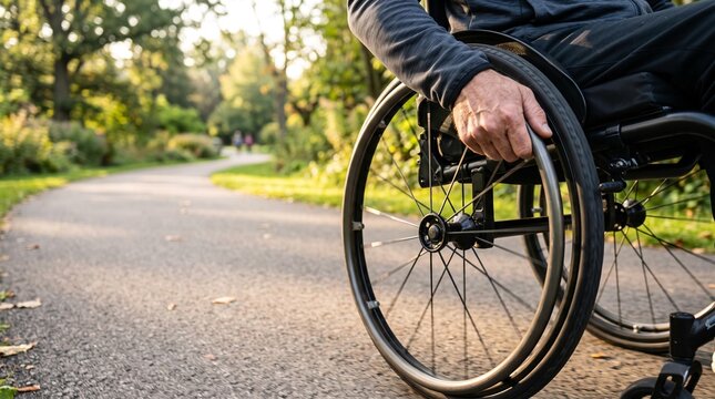 Empowered individual actively propelling a wheelchair along a sunlit park pathway, emphasizing personal mobility, independence, and accessible outdoor experiences