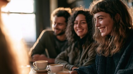 Obraz premium Friends enjoying coffee together at a cafe, warm sunlight