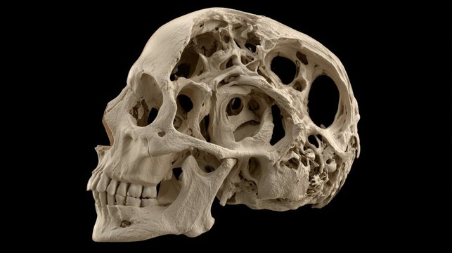 Human skull with porous bone structure isolated on black background