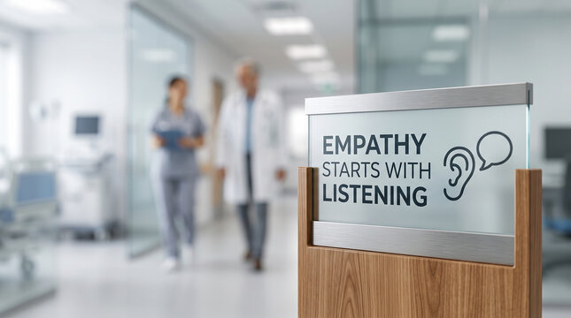 Empathy starts with listening sign displayed in a modern hospital hallway with blurred medical staff