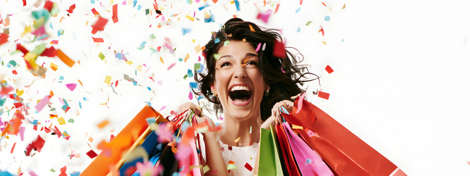 A joyful, smiling woman shopping. Seen with shopping bags and confetti against a studio backdrop. A concept tied to shopping, retail, sales, like Black Friday or Cyber Monday.