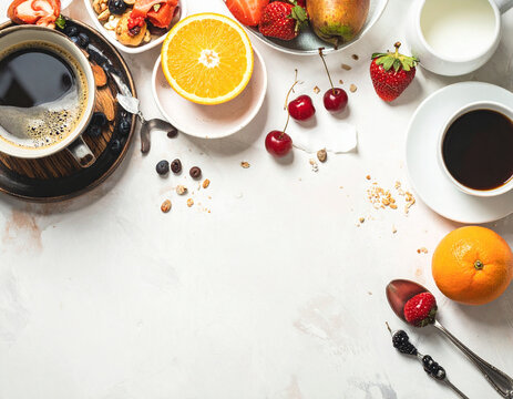 Healthy breakfast flat lay with coffee and fresh fruits