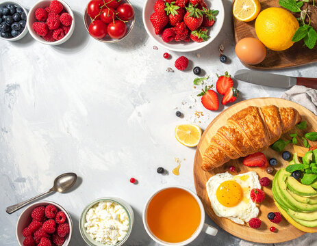Healthy breakfast flat lay with croissant and fruits