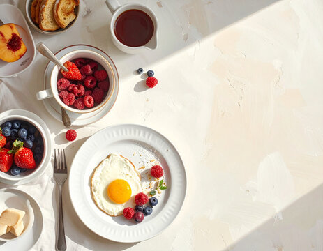 Healthy breakfast with fried egg and fresh berries