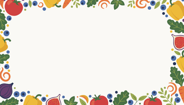 Rectangular border of fresh vegetables and fruits like tomatoes blueberries carrots and figs creates a clean frame on a plain white digital background.