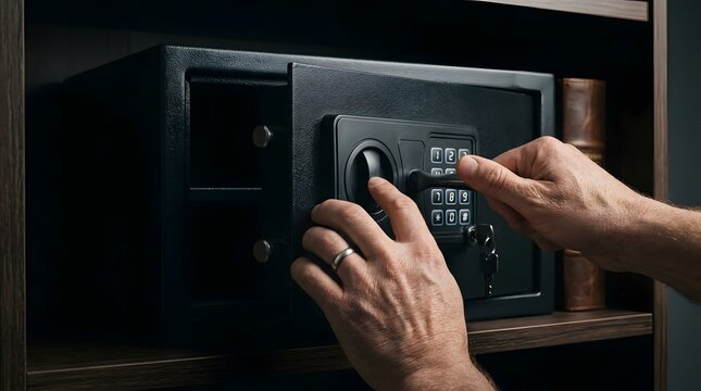 Secure metal safe box with digital keypad opened by hands inside a dark room