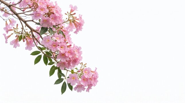 Beautiful Pink Trumpet Tree (Tabebuia Rosea) Flowers Blooming on Branch Isolated on White Background