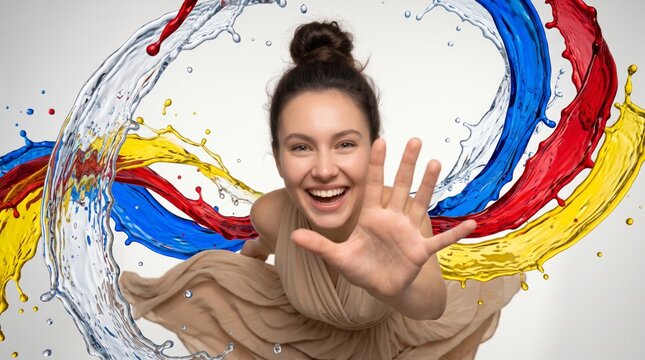 Young woman reaching out with colorful water splashes on white background
