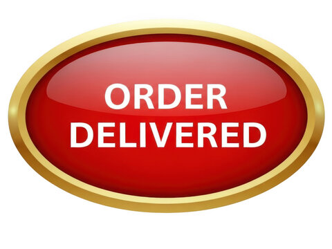 Red oval button with gold border and order delivered text isolated on transparent background