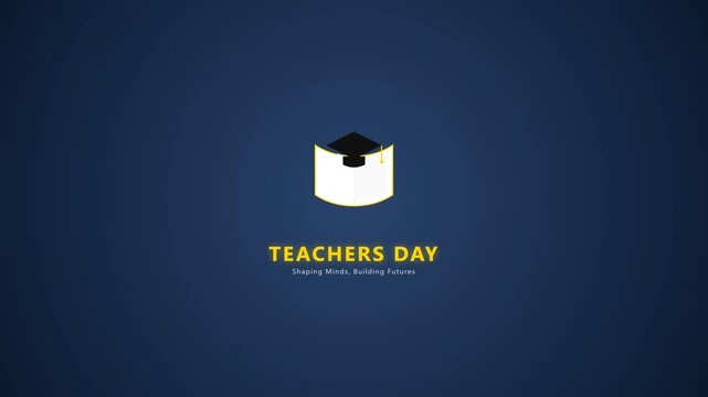 Celebrating teachers day with a creative graphic featuring an open book and graduation cap on dark blue background, honoring educators and shaping future minds with inspiration and respect