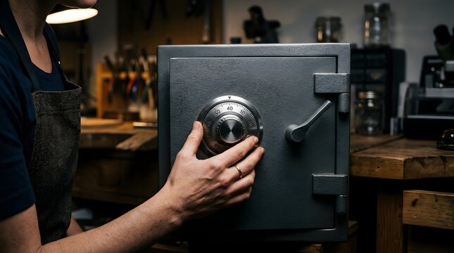 Person turning dial on metal security safe in professional workshop