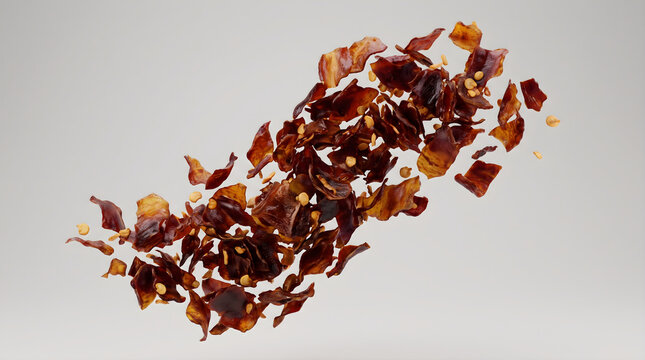 A close-up studio shot featuring dried aleppo pepper flakes and seeds floating in the air against a neutral background