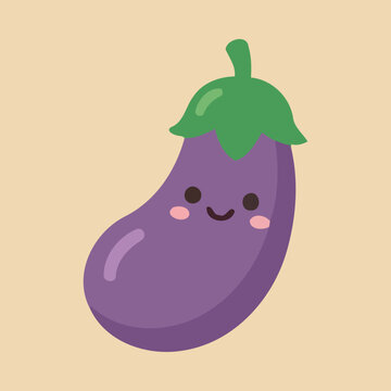 Adorable cartoon eggplant character with a happy smiling face and blushing cheeks, depicted in a flat vector style on a neutral background.
