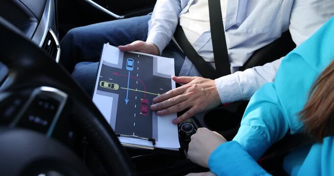 Driving school. Instructor teaching student how to drive through uncontrolled intersection on scheme in car, closeup