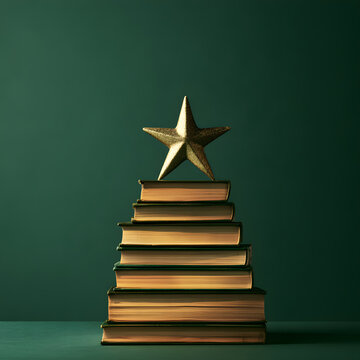 Books positioned in the form of a Christmas tree, topped with a golden star against a green backdrop, for a holiday book sale concept or Black Friday. Featuring generative AI.