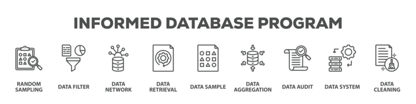 Informed Database Program with icon of Random sampling, Data filter, Data network, Data retrieval, Data sample, Data aggregation, Data audit, Data system, Data cleaning