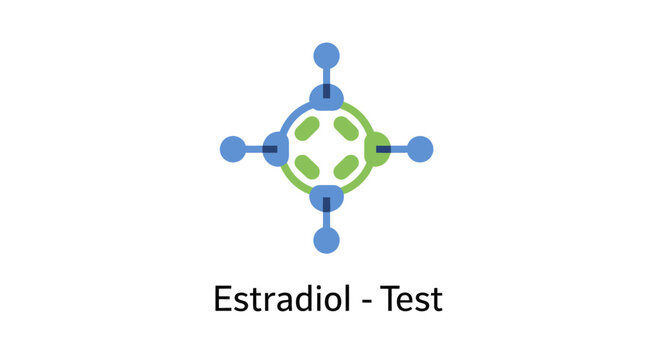 Vector illustration of an "Estradiol - Test" medical concept icon, featuring a molecule structure graphic in blue and green. Ideal for healthcare, science, and hormone testing designs.