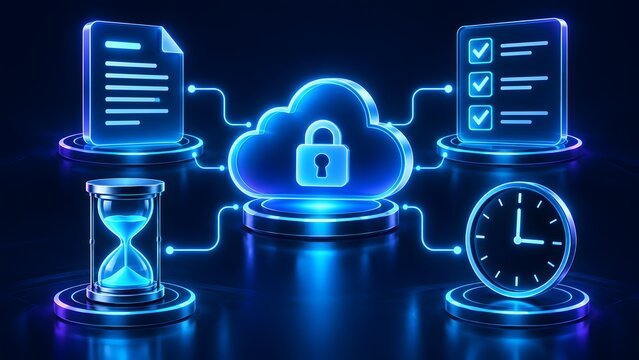 Cloud storage security icon connecting to document checklist hourglass and clock representing synchronized backup