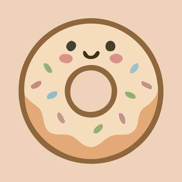 Cute kawaii donut illustration with colorful sprinkles and a smiling face on a soft pastel background, perfect for stickers or cheerful designs.
