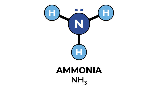 DescriptionVector illustration of the ammonia molecule (NH_3) chemical structure, showing nitrogen and hydrogen atoms with bonds. Ideal for education and science.