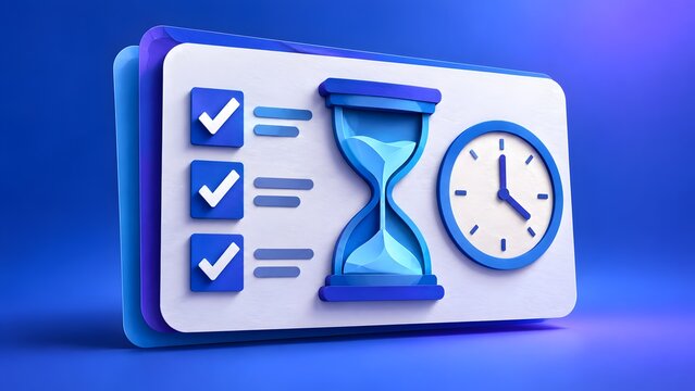 3D document checklist icon with hourglass and clock representing time management and project deadline scheduling