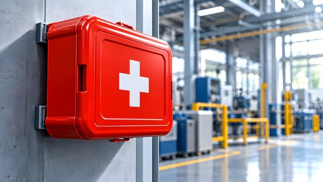 Red first aid kit box mounted on wall in modern industrial manufacturing factory representing workplace safety